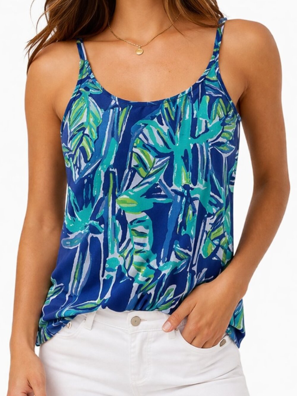 Lilly Pulitzer Tabbie Tank Top Medium Blue Floral Tropical Print Resort Indie